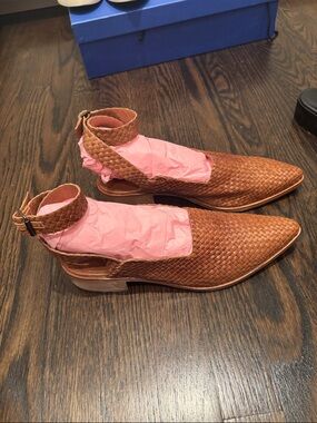 Freda Salvador Brown Woven Pointed Ankle-Strap Flats